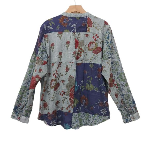 Vintage Goa Top Womens Large Gray Floral Roll Tan Sleeve Bohemian Lagenlook - Picture 5 of 12